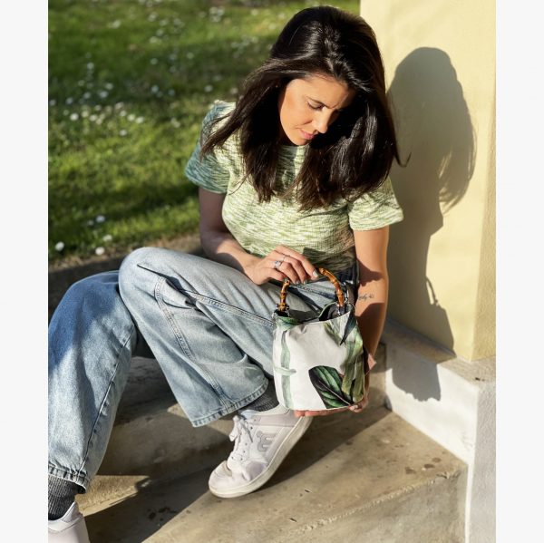 Borsa Mini-SAC Velluto Bianco e Stampa a Foglie - immagine 6