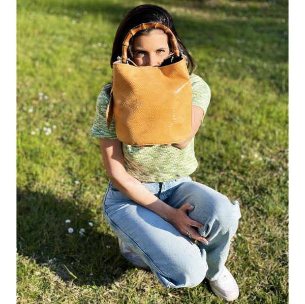 Borsa Mini-SAC Pelle Lucida Effetto Pitone Arancio Mandarino